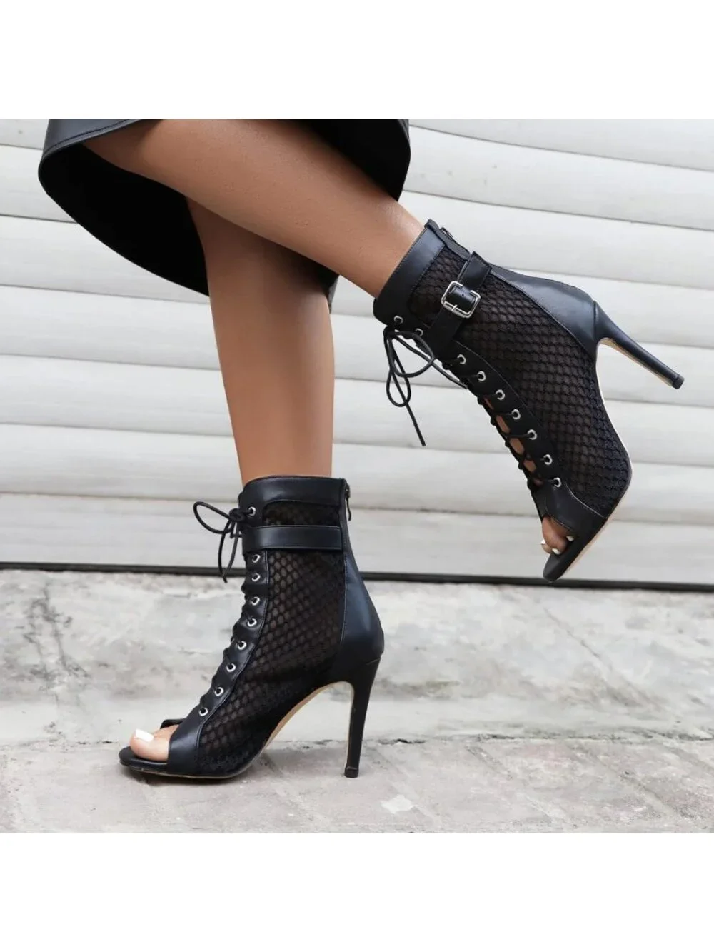 Women's Black Casual Buckle Lace Up Mesh Sandal Peep Toe High Heel Ankle Boot